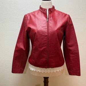 Clio Leather Red Zip Up Stand Collar Moto Jacket Coat Women Size 10